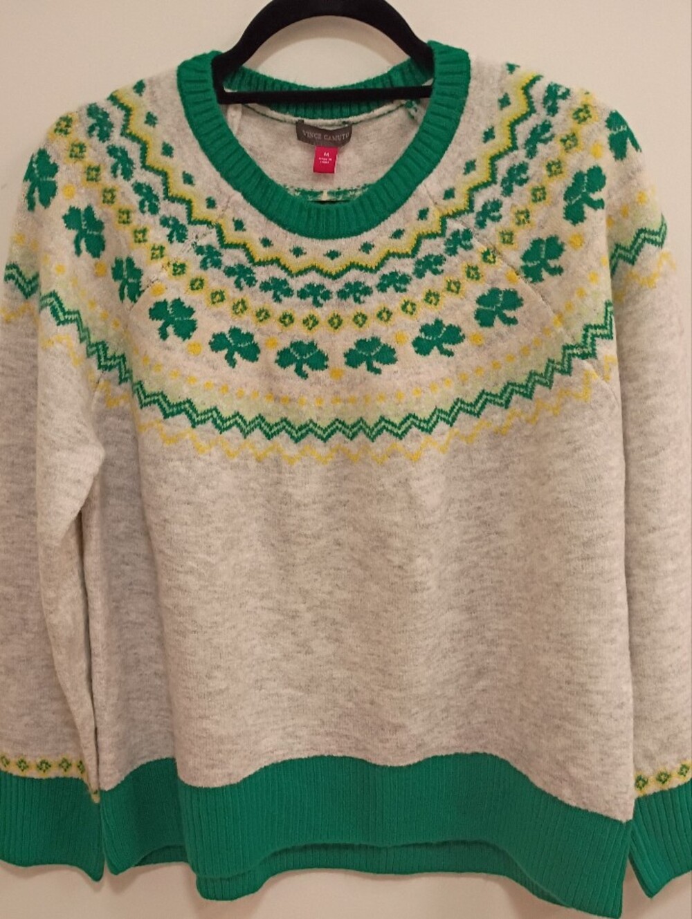 Saint Patrick's Vince Camuto Cream Sweater with Green & Yellow Fair Isle Yoke